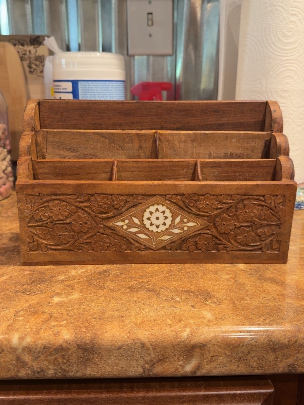 & Other Stories Carved Wood Desk Organizer in Brown with White Inlay